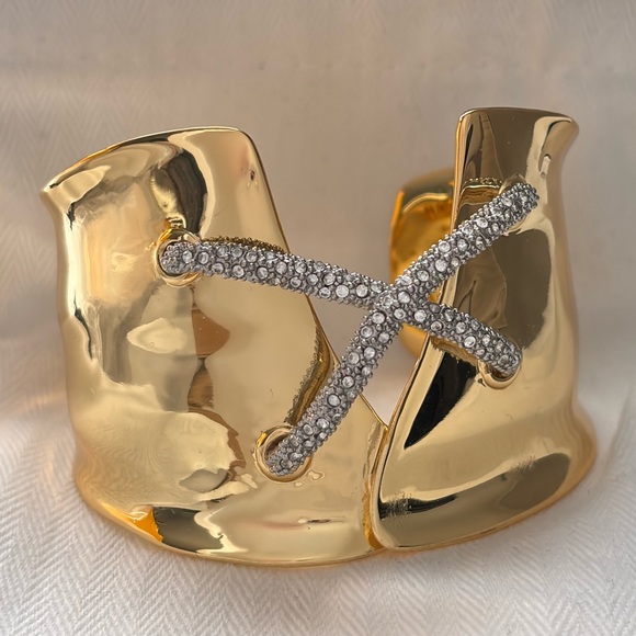 ALEXIS BITTAR• Solanales Gold Silver Crystal Lace Up Corset Cuff Bracelet - Picture 4 of 12